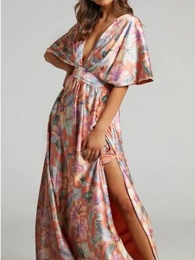 Showpo Coral Floral Satin Maxi Dress with Deep V & Side Slit